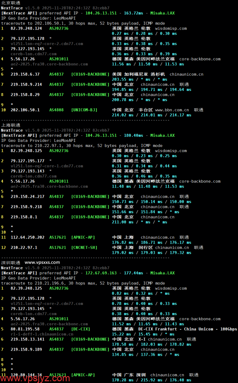 荫云英国双ISP VPS联通回程路由