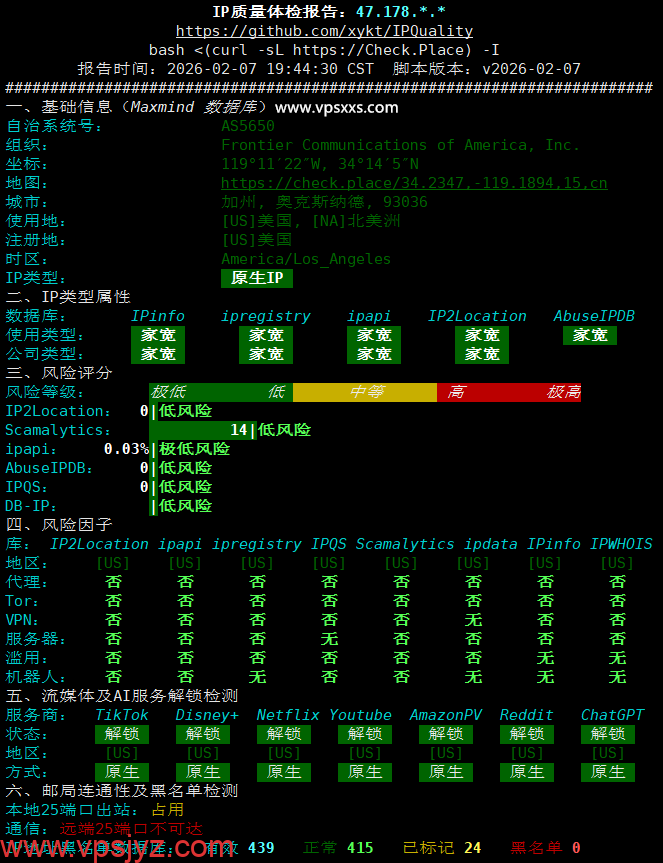 AaITR美国Frontier静态家宽VPS IP质量体检报告