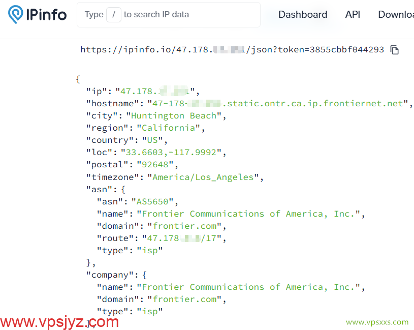 AaITR美国Frontier静态家宽VPS ipinfo.io是否住宅IP检测