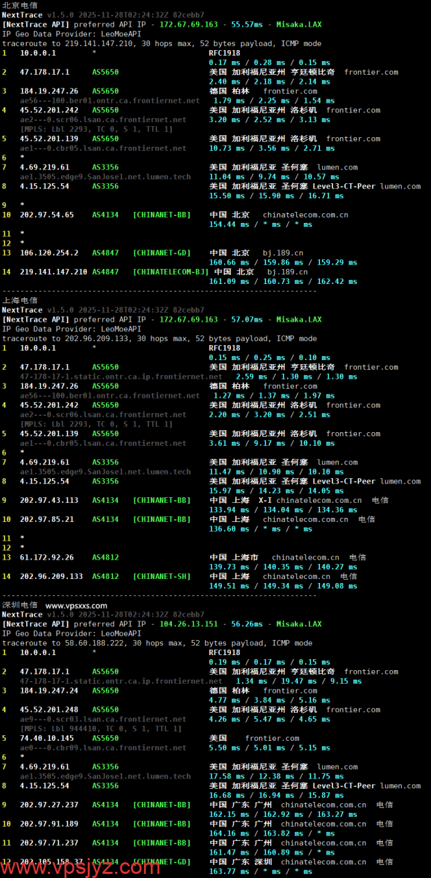 AaITR美国Frontier静态家宽VPS电信回程路由