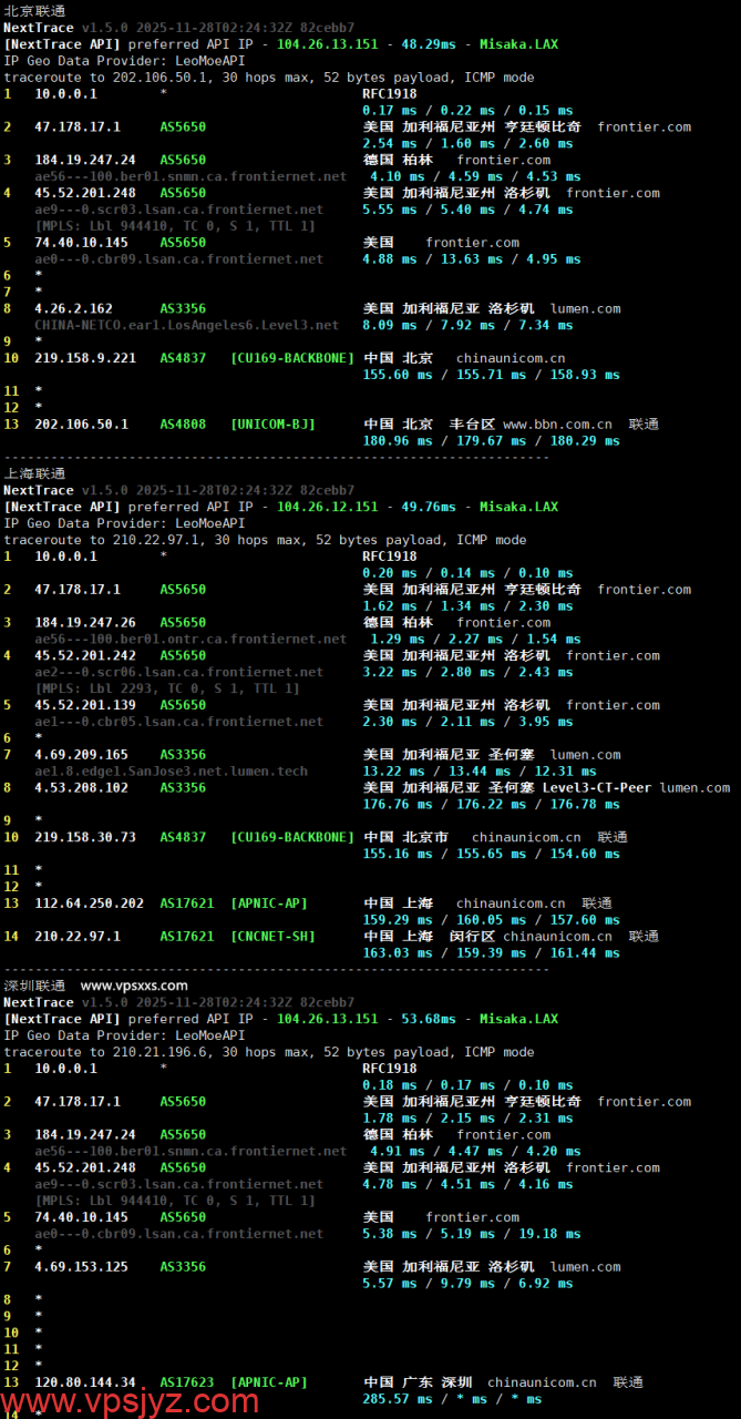 AaITR美国Frontier静态家宽VPS联通回程路由