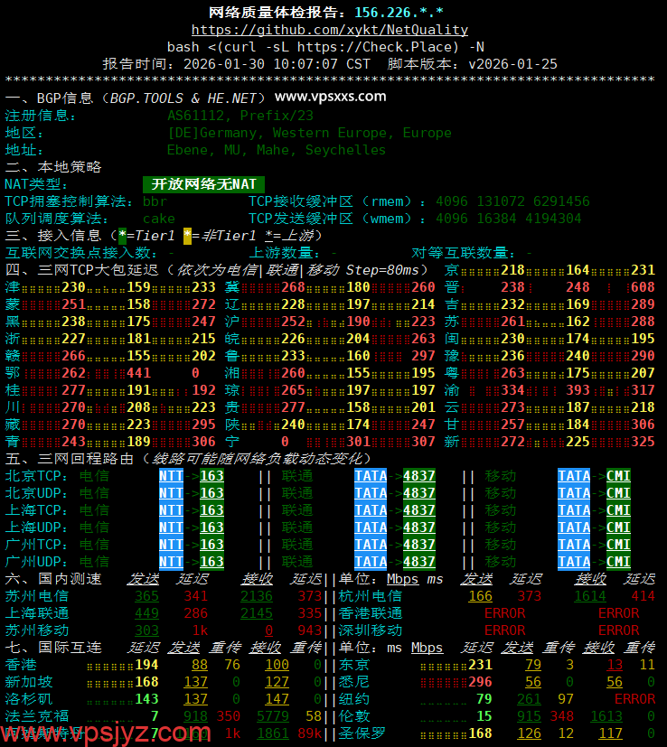 AkileCloud德国BGP VPS网络质量体检报告