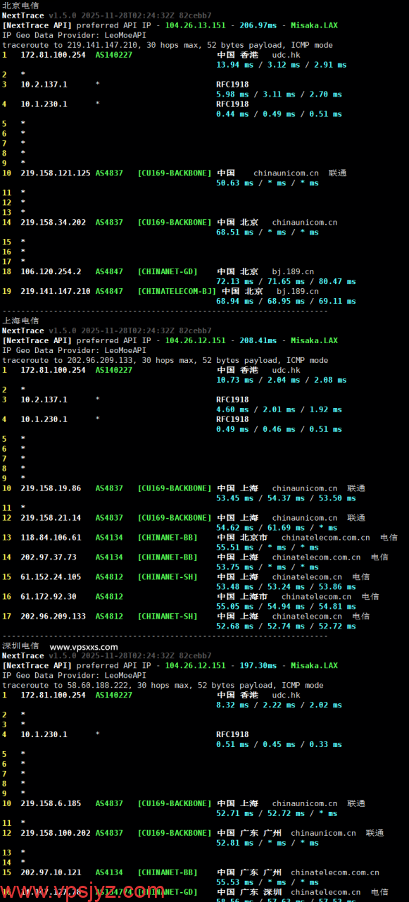 华纳云香港轻量云服务器电信回程路由