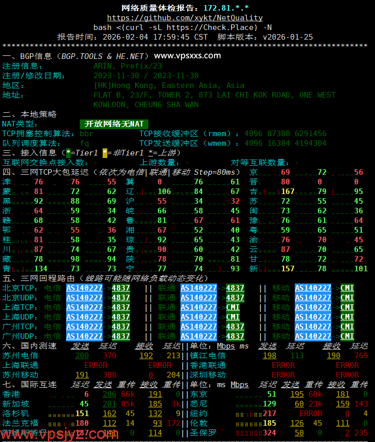华纳云香港轻量云服务器网络质量体检报告