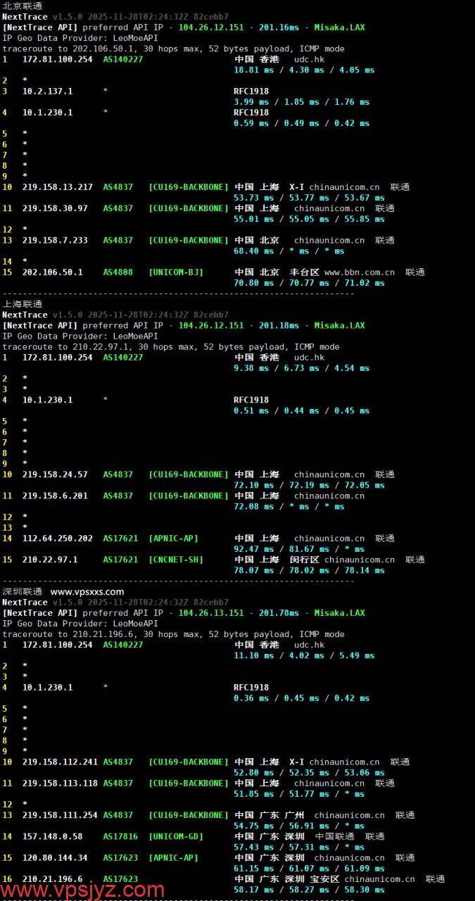 华纳云香港轻量云服务器联通回程路由