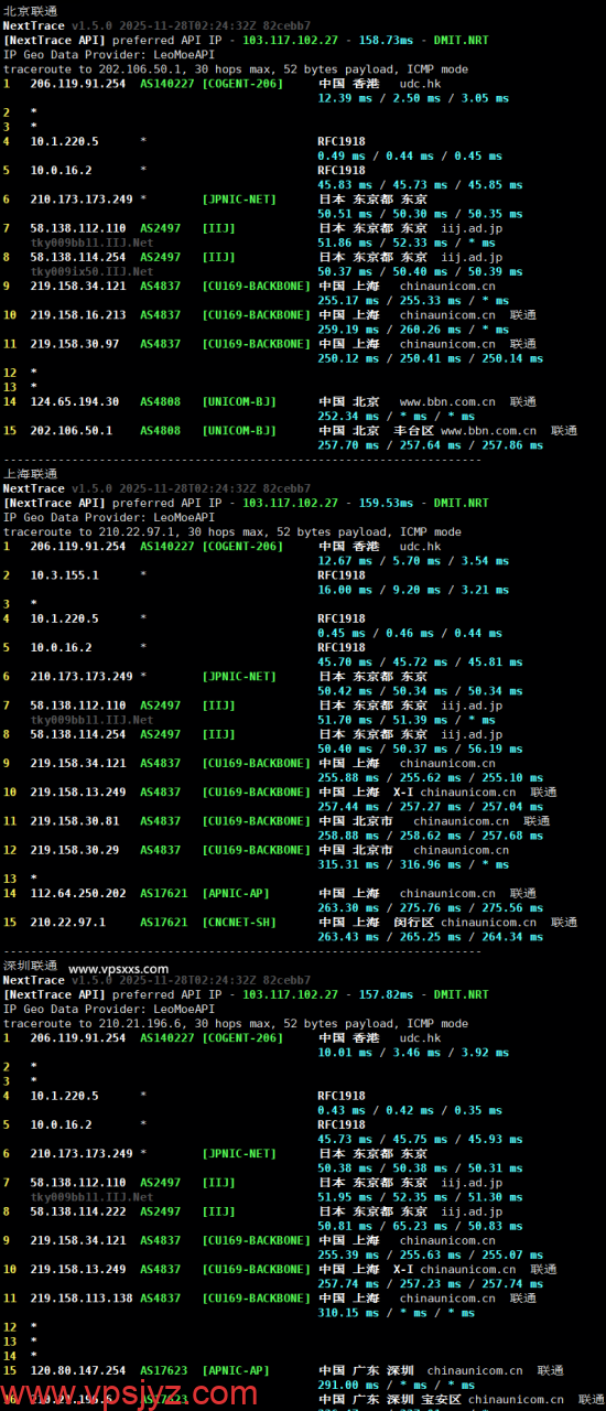 华纳云香港轻量国际线路云服务器联通回程路由