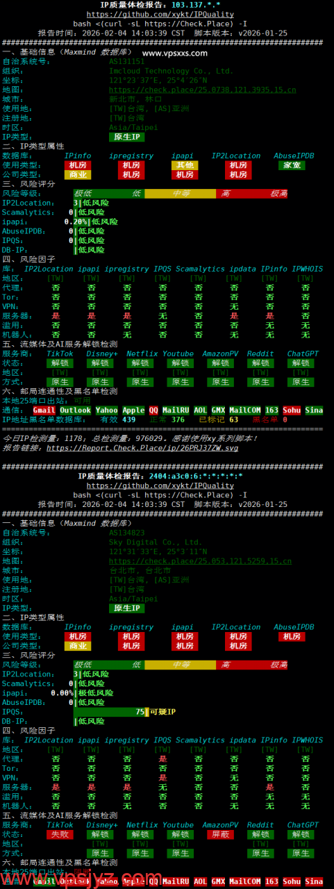 荫云台湾原生IP VPS IP质量体检报告