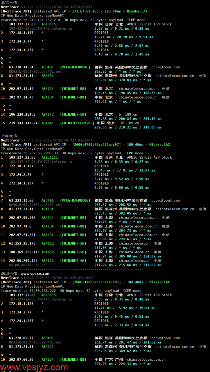 荫云台湾原生IP VPS电信回程路由