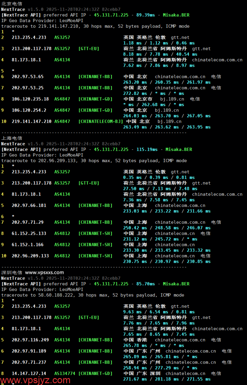 荫云英国新双ISP VPS电信回程路由