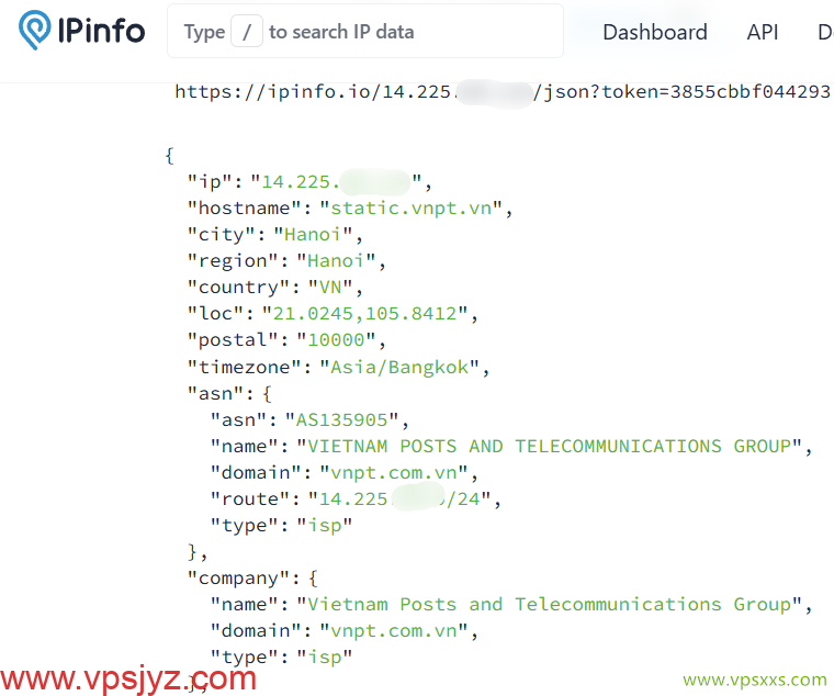 荫云越南双ISP VPS ipinfo.io是否住宅IP检测