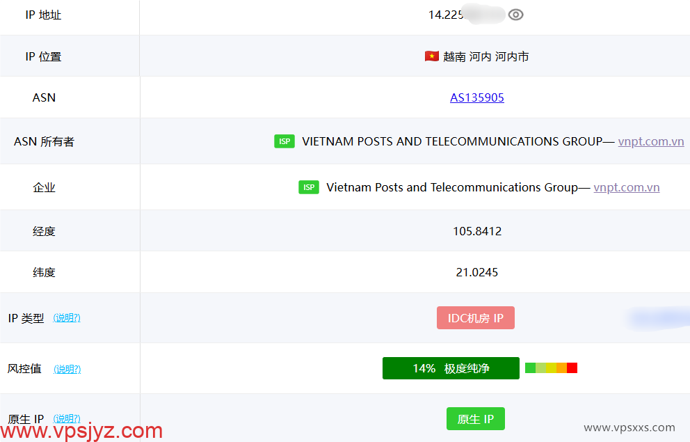 荫云越南双ISP VPS ping0.cc是否家庭IP检测