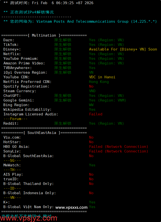 荫云越南双ISP VPS流媒体解锁能力测试