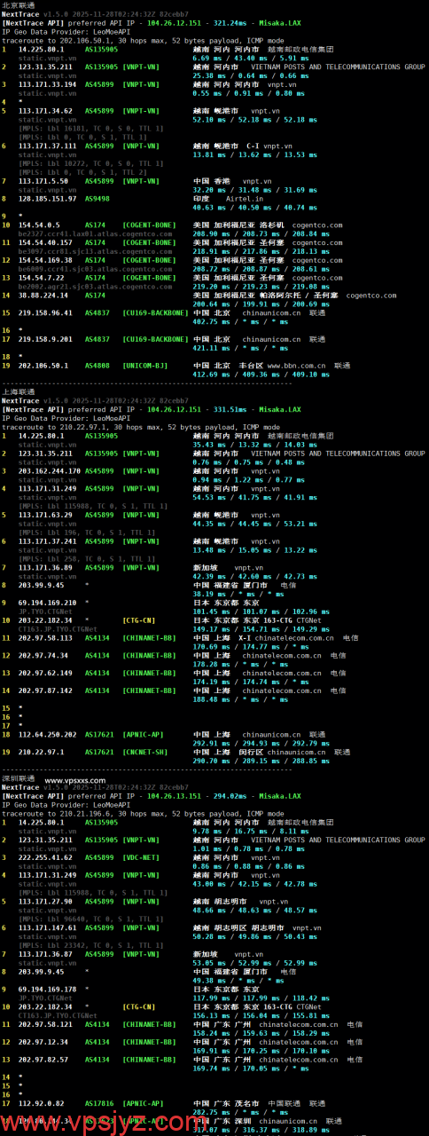 荫云越南双ISP VPS联通回程路由