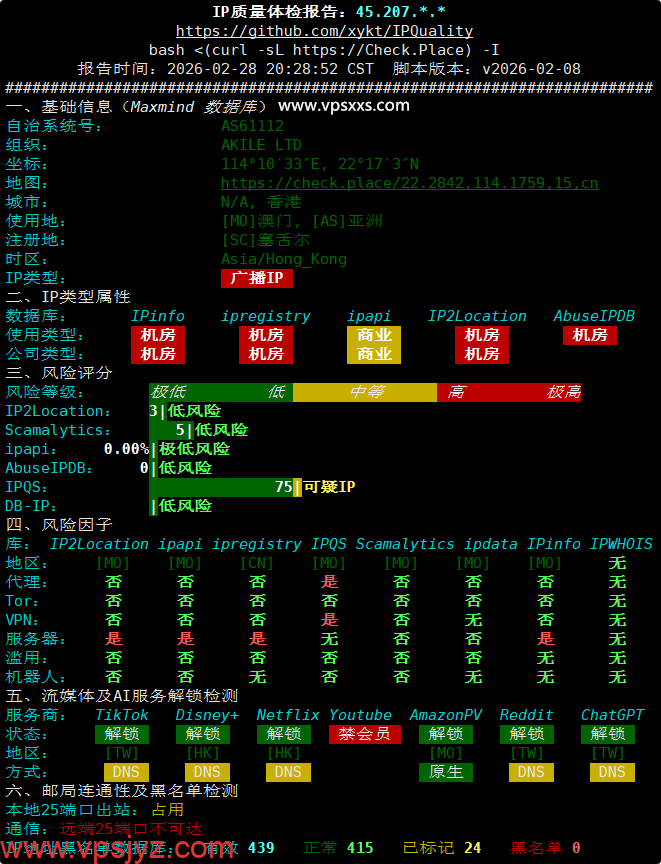 AkileCloud澳门VPS IP质量体检报告