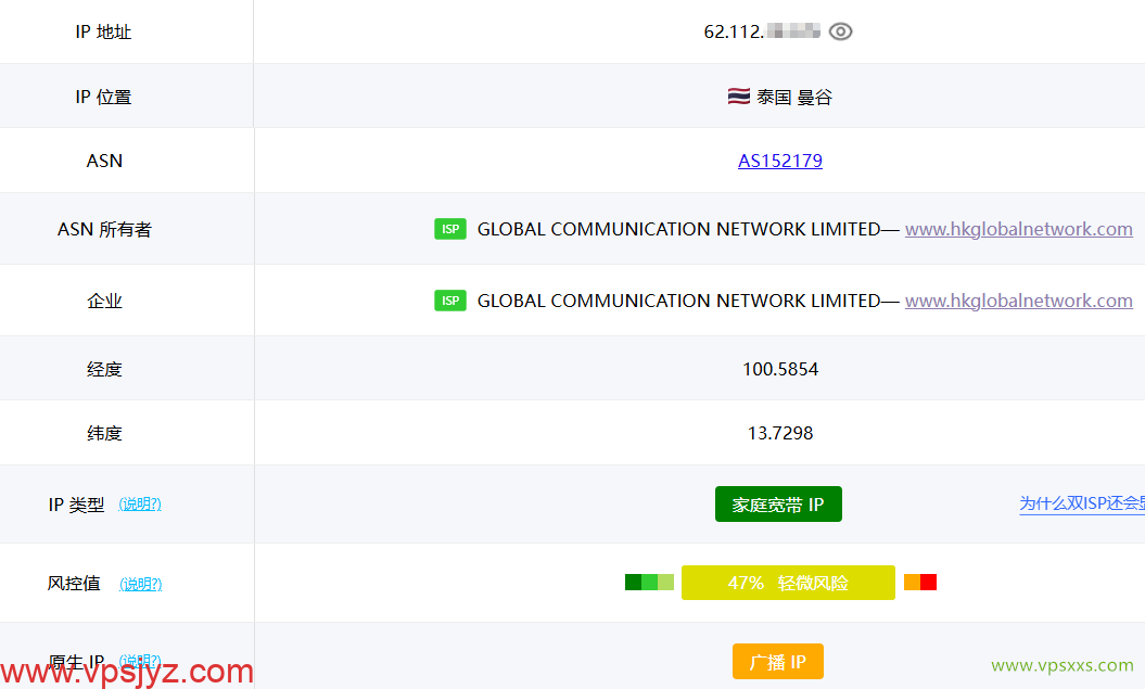 IPRaft泰国VPS ping0.cc是否家庭IP检测