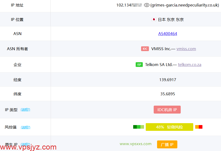 vmiss日本东京IIJ VPS ping0.cc是否家庭IP检测