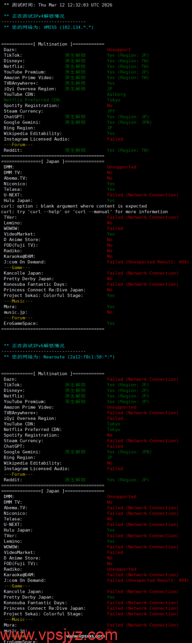 vmiss日本东京IIJ VPS流媒体解锁能力测试