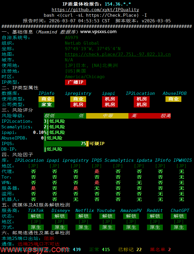 vmiss日本东京三网优化VPS IP质量体检报告