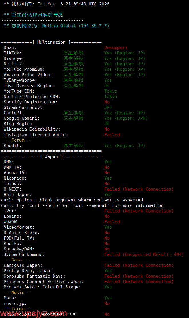 vmiss日本东京三网优化VPS流媒体解锁能力测试