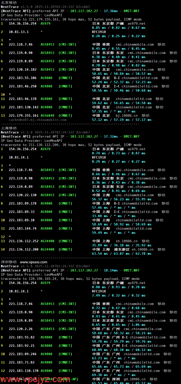 vmiss日本东京三网优化VPS移动回程路由