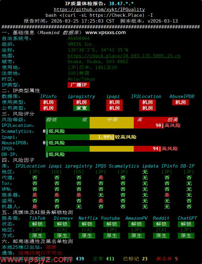 vmiss日本大阪IIJ VPS IP质量体检报告