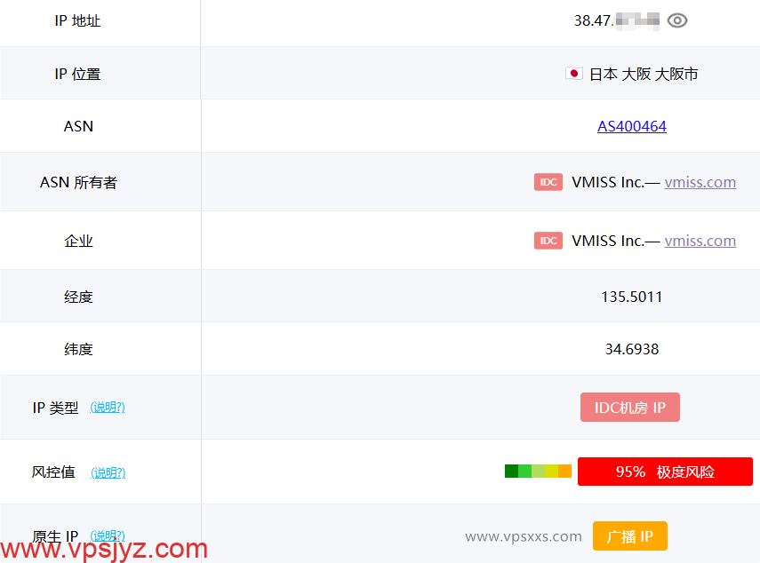 vmiss日本大阪IIJ VPS ping0.cc是否家庭IP检测