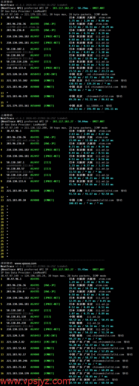 vmiss日本大阪IIJ VPS移动回程路由