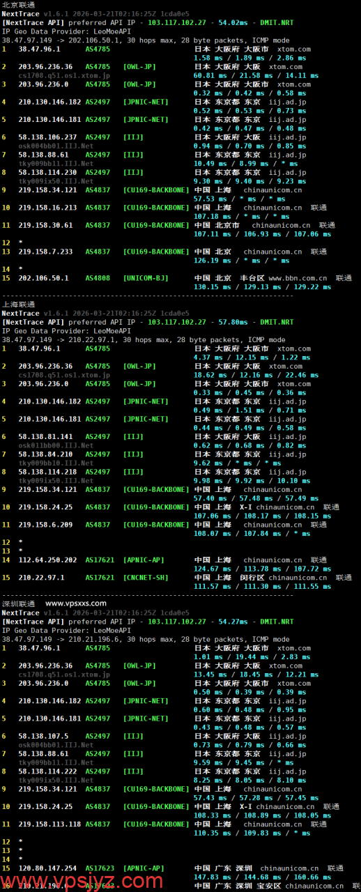 vmiss日本大阪IIJ VPS联通回程路由