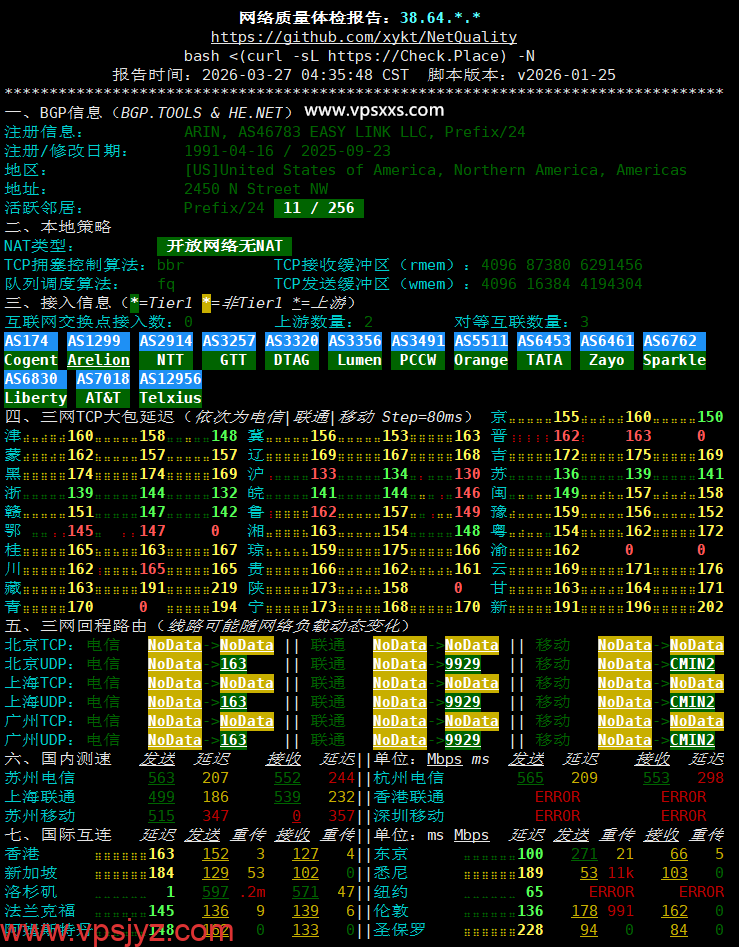 vmrack美国三网精品VPS网络质量体检报告