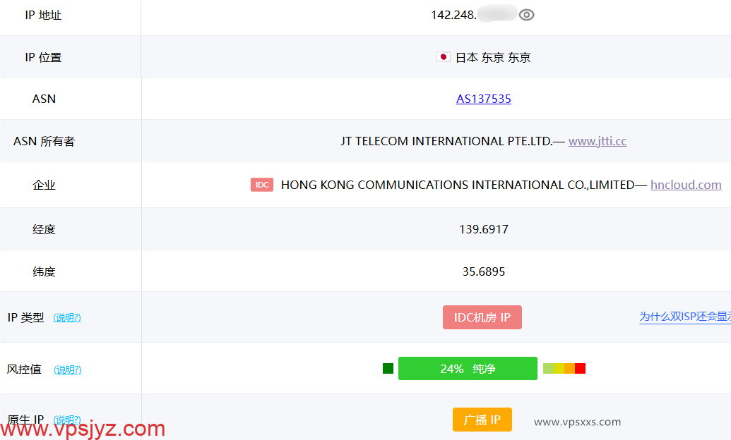 华纳云日本轻量服务器ping0.cc是否家庭IP检测