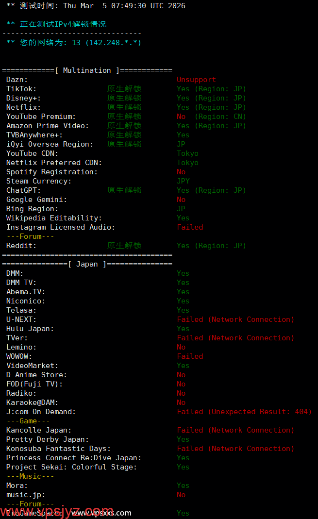 华纳云日本轻量服务器流媒体解锁能力测试