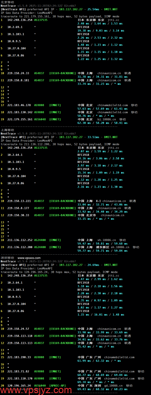 华纳云日本轻量服务器移动回程路由