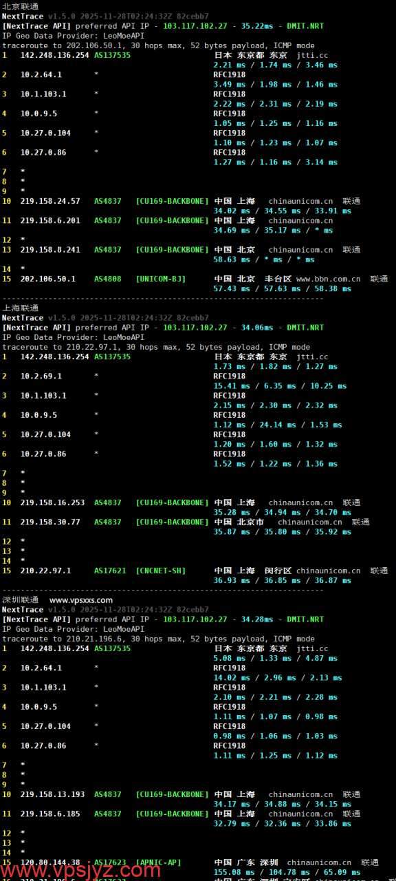 华纳云日本轻量服务器联通回程路由