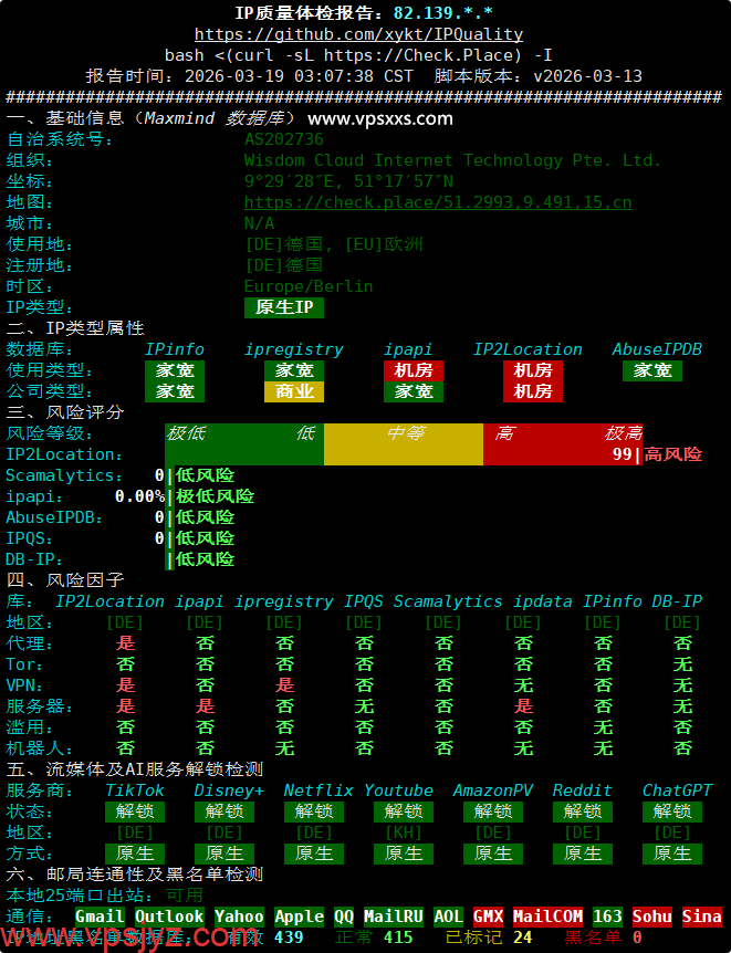 荫云德国双ISP VPS IP质量体检报告