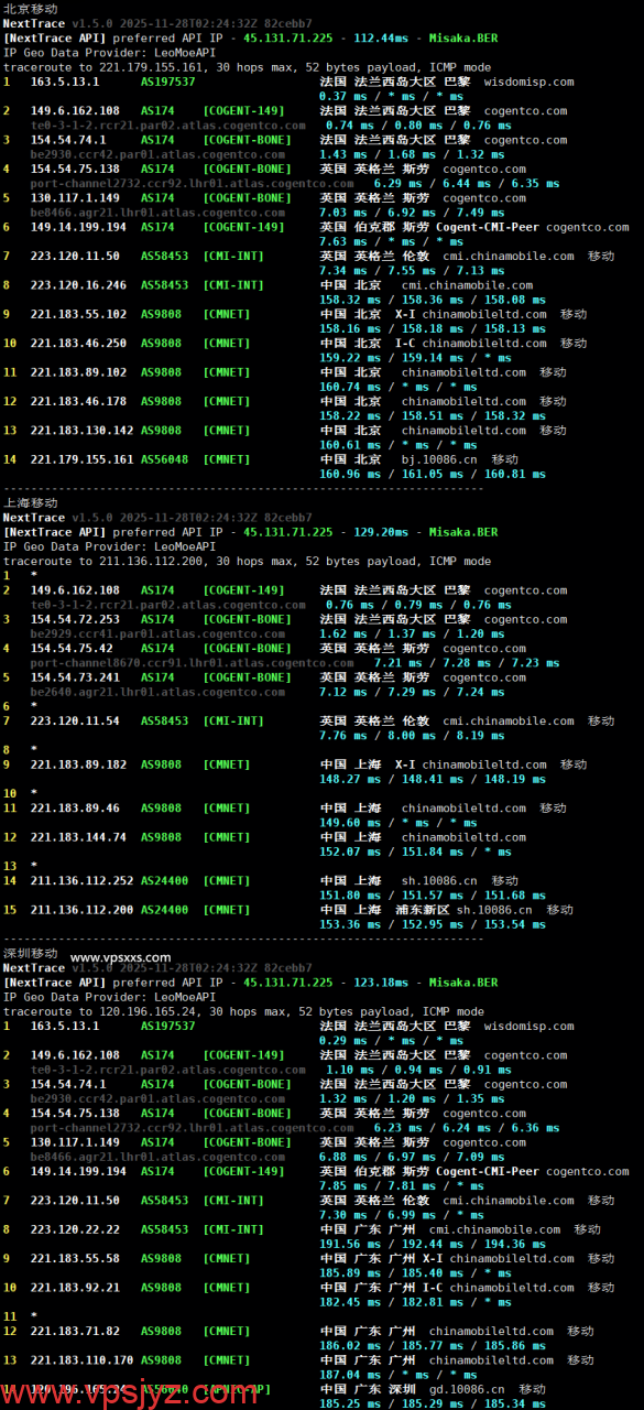 荫云法国双ISP VPS移动回程路由