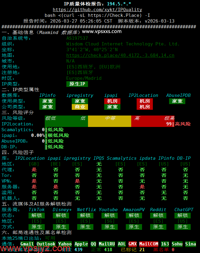 荫云西班牙双ISP VPS IP质量体检报告