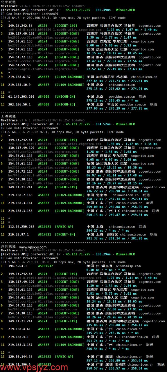 荫云西班牙双ISP VPS联通回程路由
