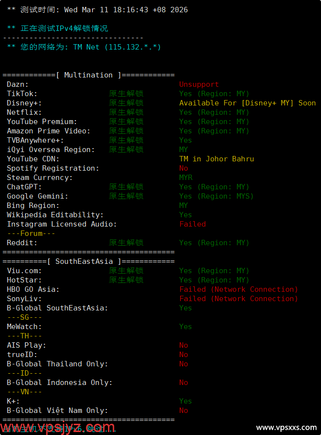 荫云马来西亚真家宽VPS流媒体解锁能力测试