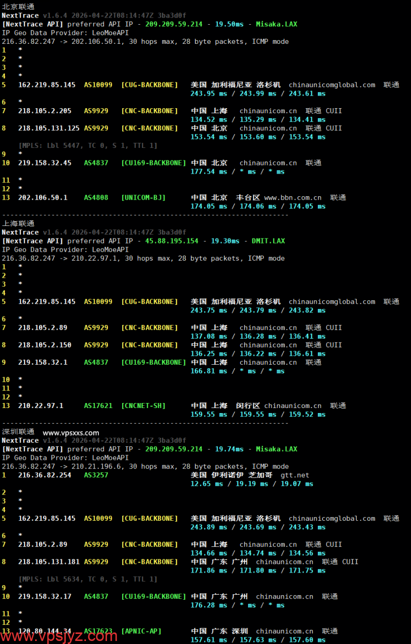 NovixLink美国GTT VPS联通回程路由