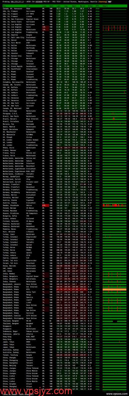 RAKsmart美国西雅图精品CN2 VPS ping.pe丢包测试