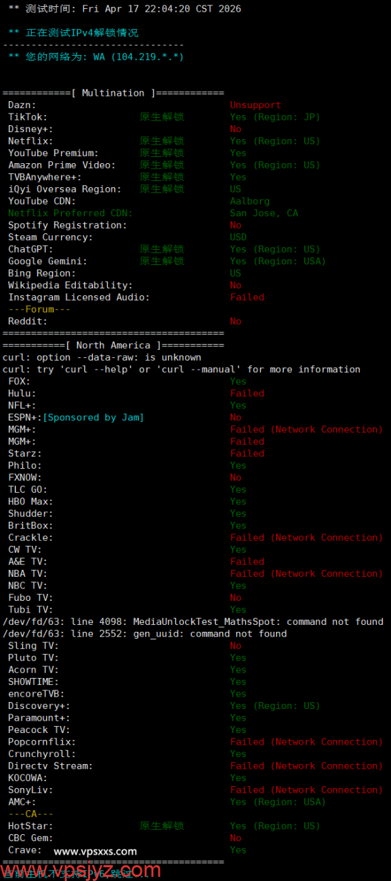 RAKsmart美国西雅图精品CN2 VPS流媒体解锁能力测试