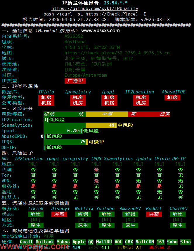 RackNerd荷兰VPS IP质量体检报告