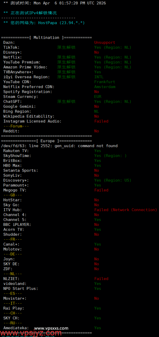 RackNerd荷兰VPS流媒体解锁能力测试