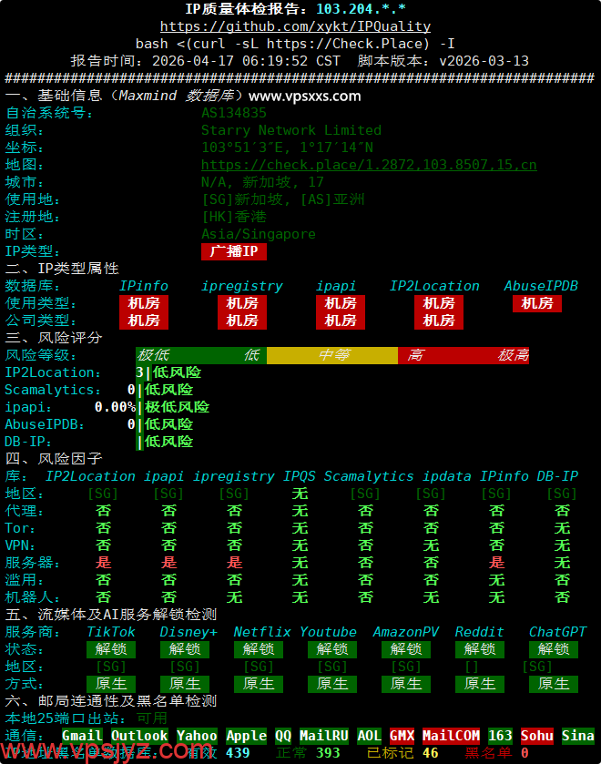 StarryDNS新加坡VPS IP质量体检报告