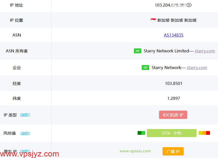 StarryDNS新加坡VPS ping0.cc是否家庭IP检测