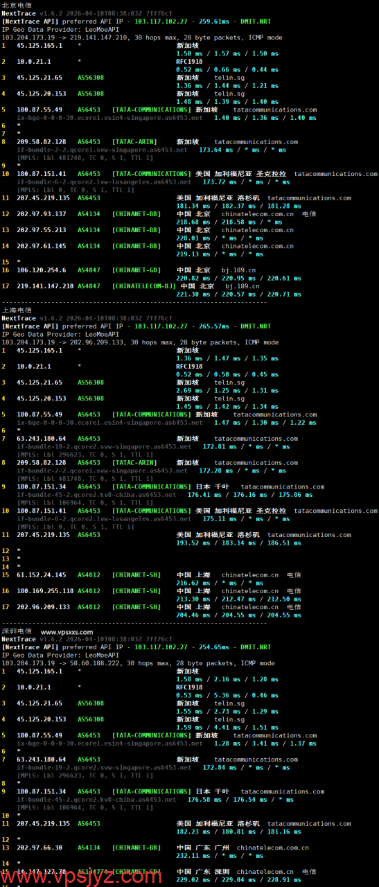 StarryDNS新加坡VPS电信回程路由