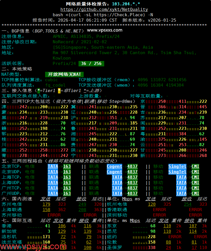 StarryDNS新加坡VPS网络质量体检报告