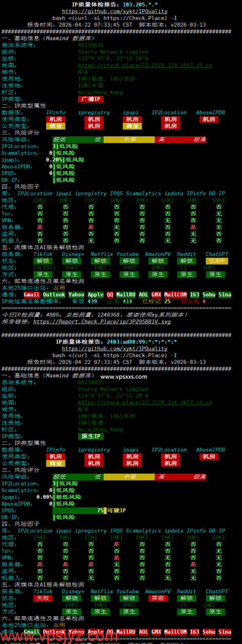 StarryDNS香港VPS IP质量体检报告
