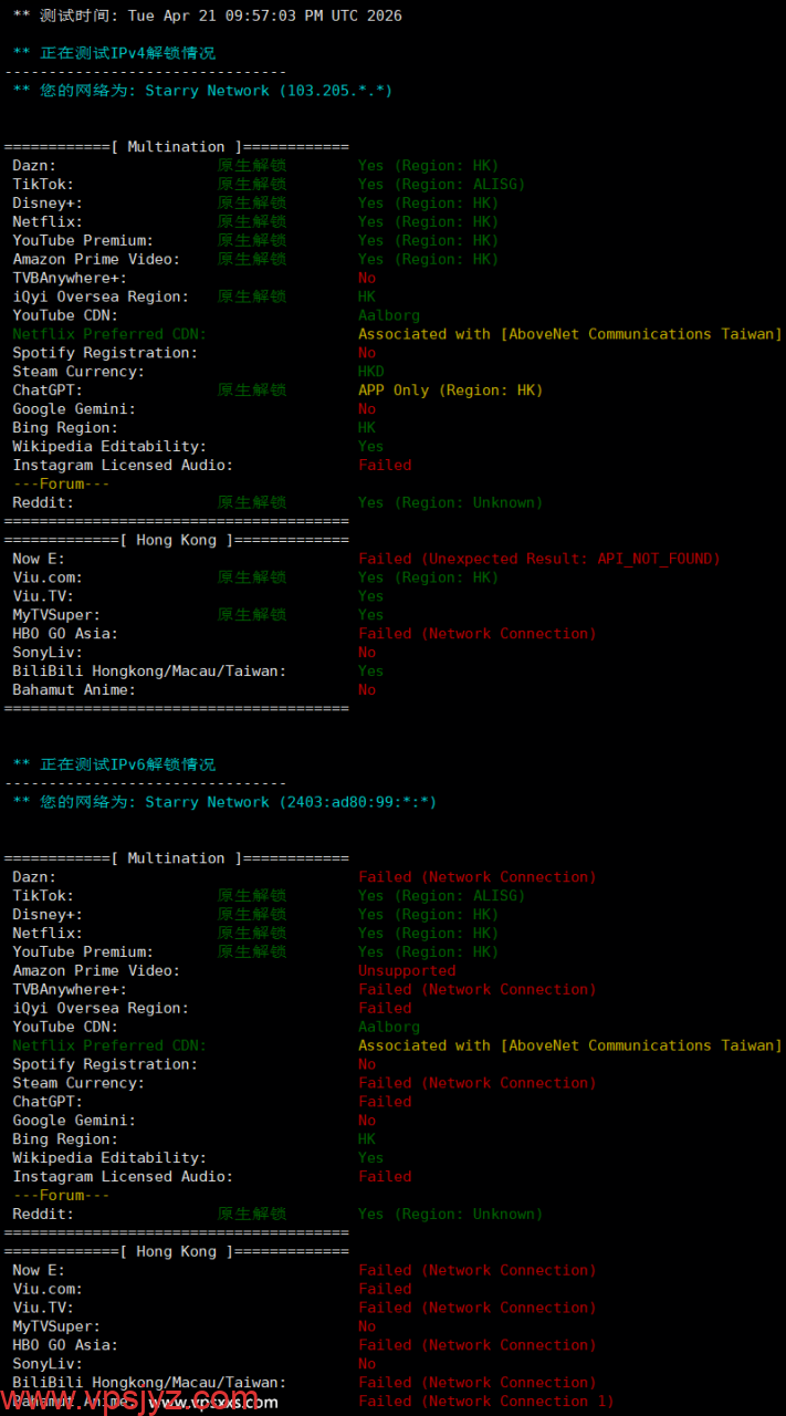StarryDNS香港VPS流媒体解锁能力测试