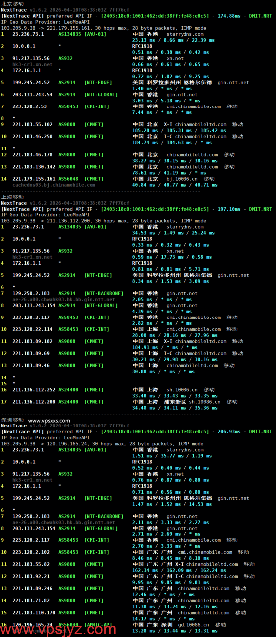StarryDNS香港VPS移动回程路由